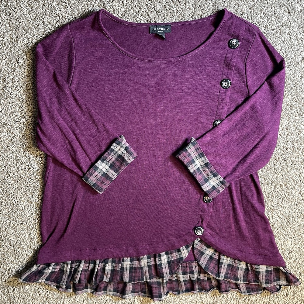 IN Studio Plaid Ruffle Top womens 1X blouse dark academia school girl plus siren - Picture 4 of 9